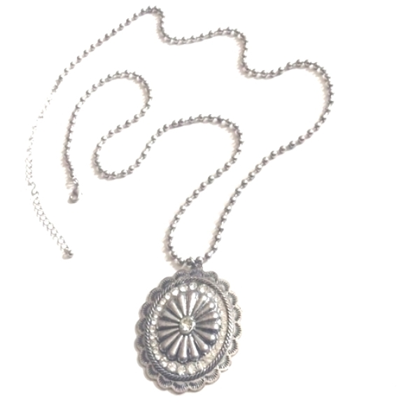 Jewelry - VINTAGE SILVER BEADED CHAIN NECKLACE WITH SILVER/CRYSTAL CONCHO PENDANT